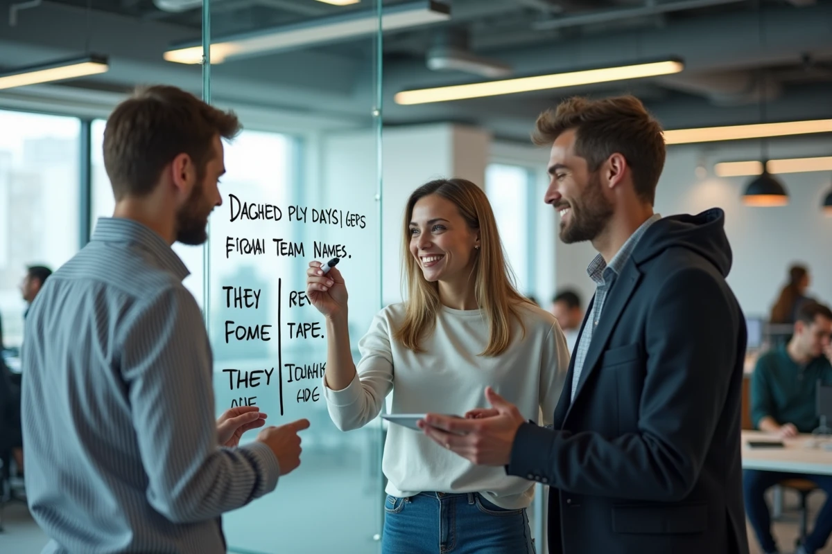 Trois collègues devant un tableau blanc comparant des idées de noms d'équipe drôles et sérieux dans un bureau moderne