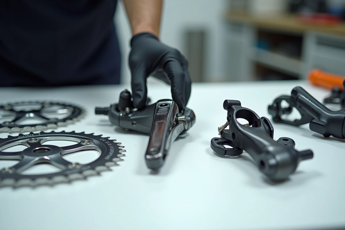 Composants démontés d'un Van Rysel RCR d'occasion sur établi d'atelier, inspection détaillée du groupe Shimano avant achat