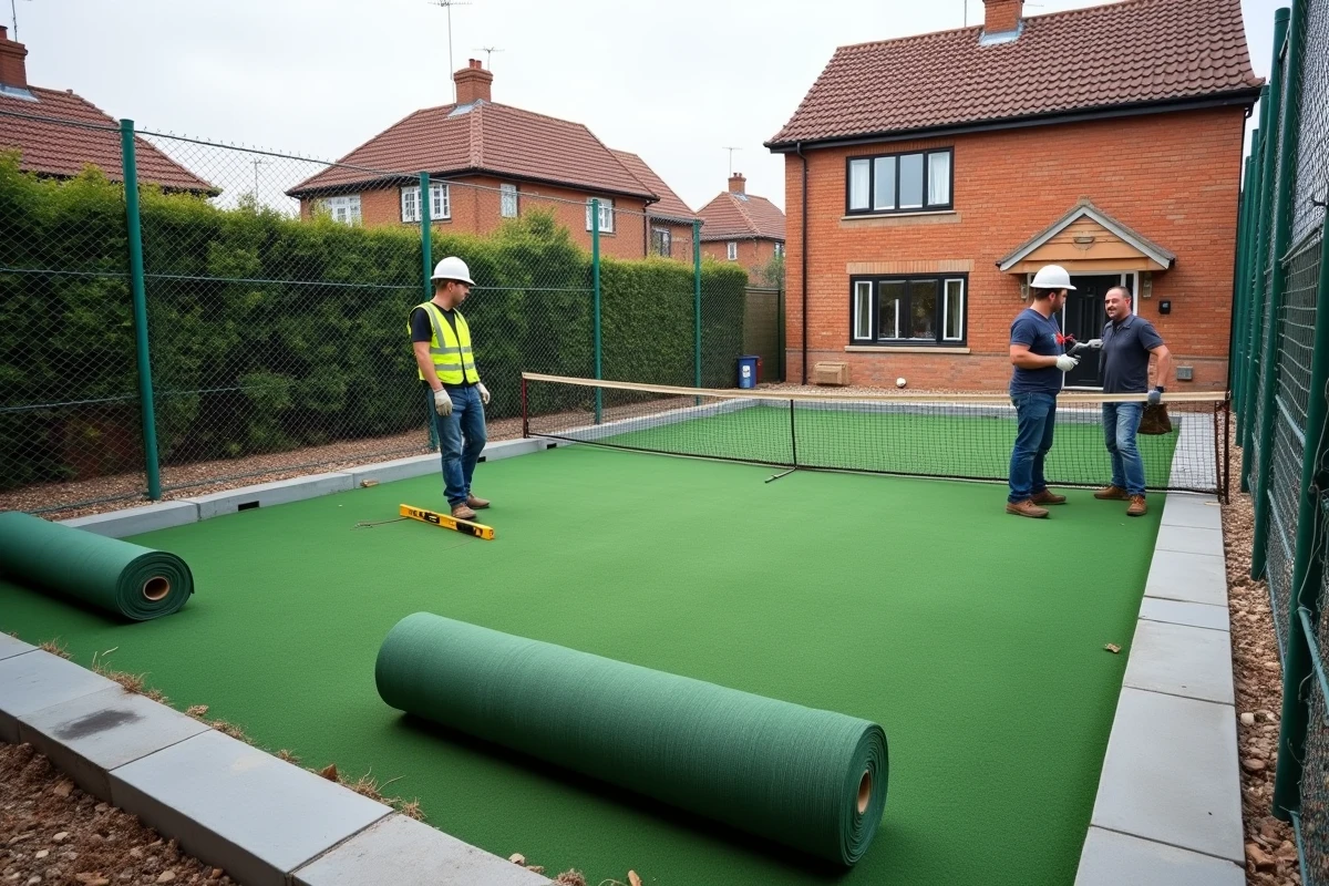 Chantier de construction d'un terrain de padel dans un jardin résidentiel avec pose des fondations et clôtures