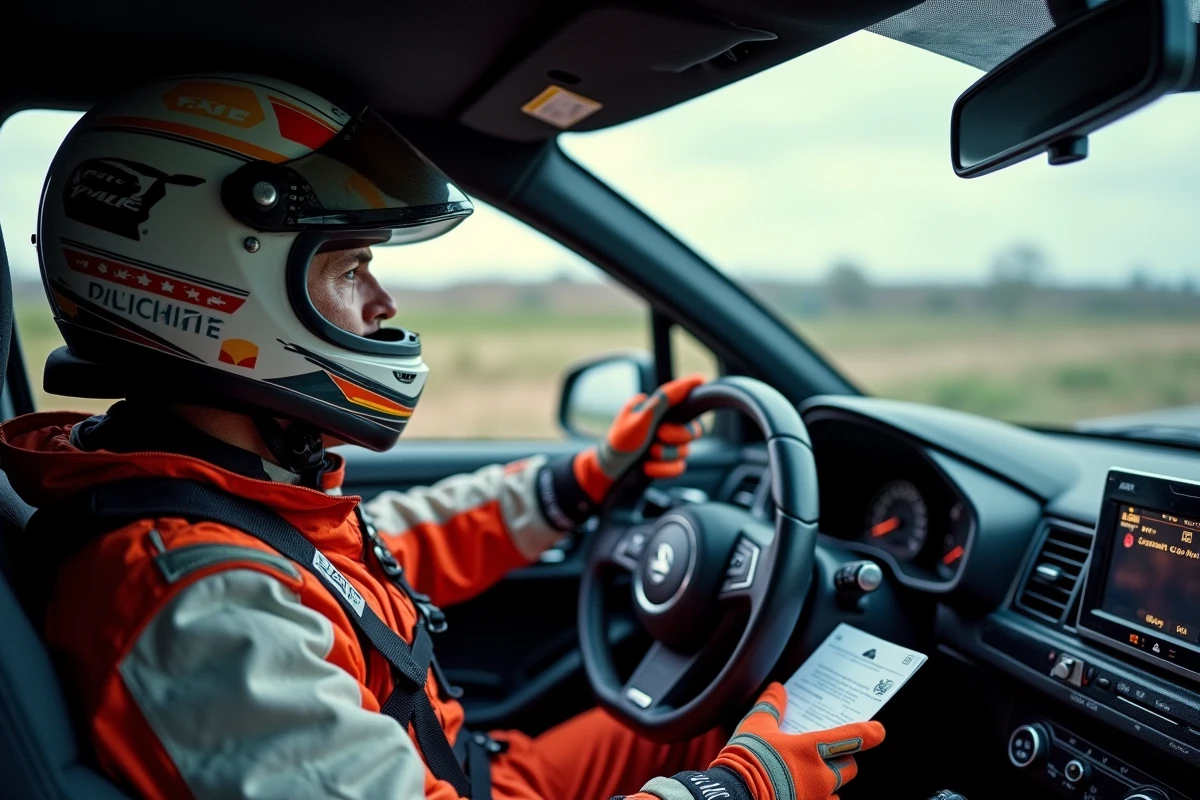 Co-pilote de rallye dans l'habitacle d'une voiture de compétition consultant ses notes de pace au calendrier 2026