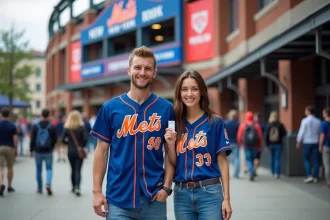 Jeune couple souriant devant Citi Field en maillots Mets