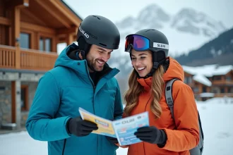 Couple de skieurs consultant un forfait ski devant un chalet de la station de Pra Loup