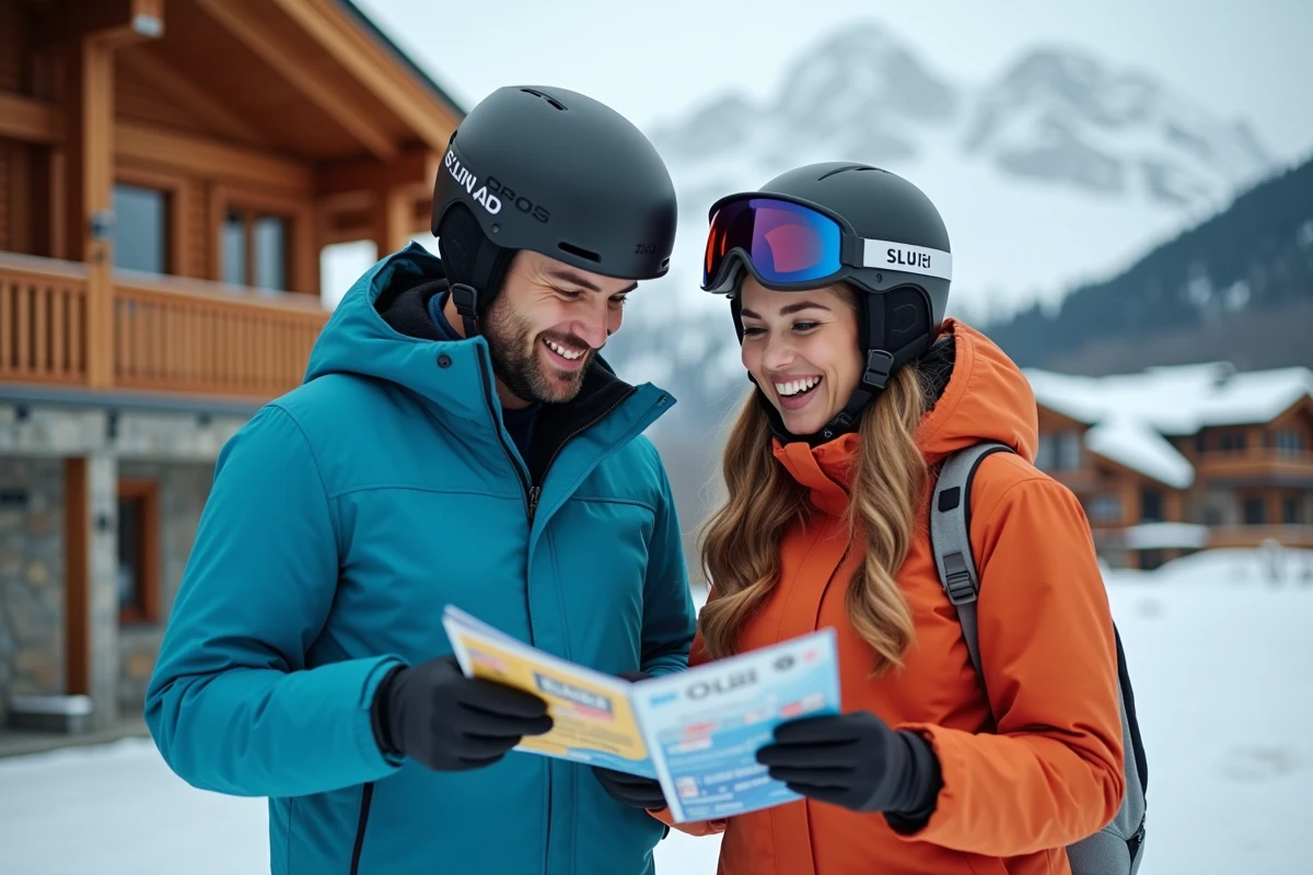 Couple de skieurs consultant un forfait ski devant un chalet de la station de Pra Loup