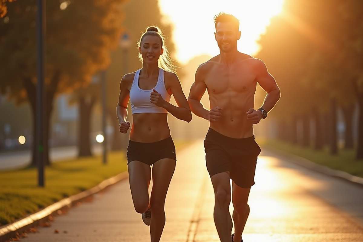 Couple courant en ville au matin avec formes tonique