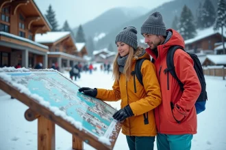 Couple en vestes colorées consultent une carte des pistes de ski