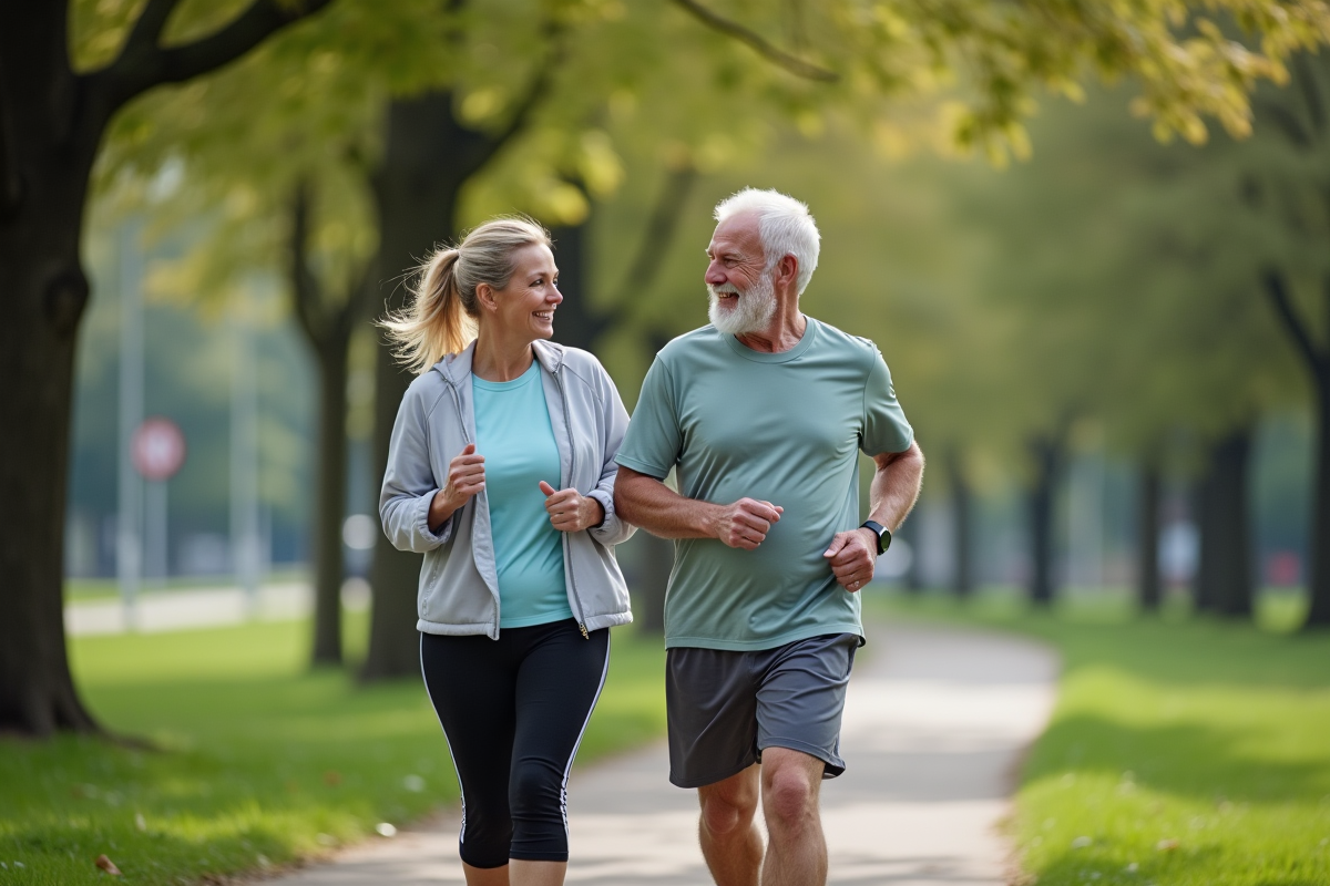 Couple d'anciens marchant dans un parc urbain en pleine nature