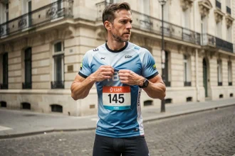 Coureur épinglant son dossard de marathon devant un immeuble haussmannien à Paris avant le départ de la course
