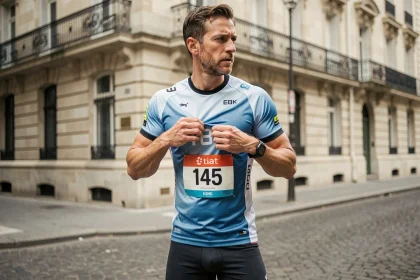 Coureur épinglant son dossard de marathon devant un immeuble haussmannien à Paris avant le départ de la course