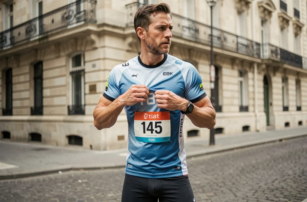 Coureur épinglant son dossard de marathon devant un immeuble haussmannien à Paris avant le départ de la course