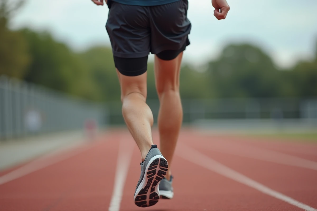 Coureur en sujet montrant une hyperpronation du pied lors d'une foulée sur piste d'athlétisme