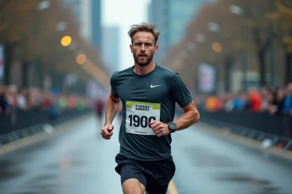 Coureur homme déterminé lors d'un marathon urbain