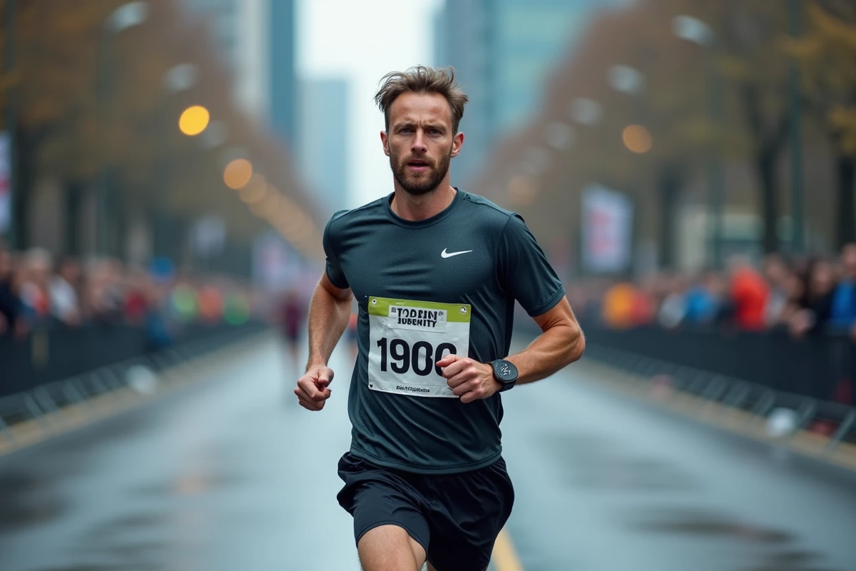 Coureur homme déterminé lors d'un marathon urbain