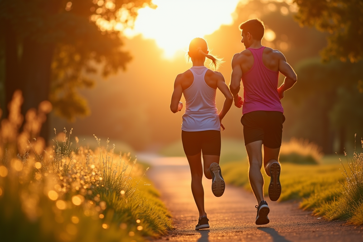 Homme et femme courant au lever du soleil dans un parc