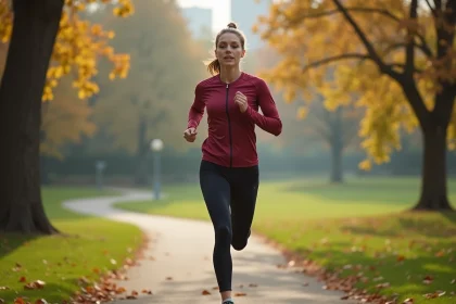Femme sportive en pleine course dans un parc urbain en automne