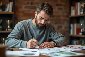 Graphiste dessinant des concepts de logo de club de football sur papier dans un studio créatif