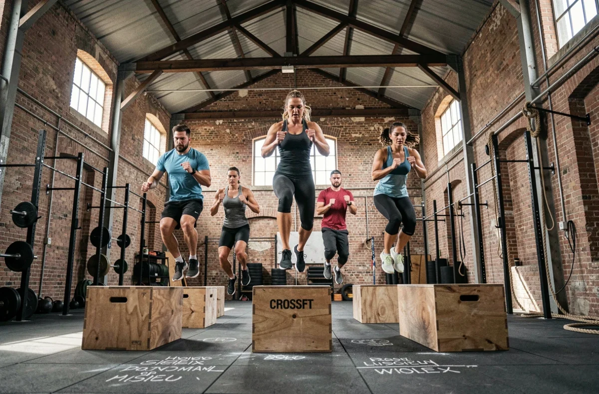 Athlètes réalisant des box jumps en séance de cross training à CrossFit Lexovium, salle de sport à Lisieux