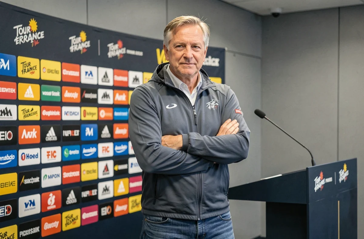Ancien cycliste professionnel face aux médias lors d'une conférence de presse liée au Tour de France 2026