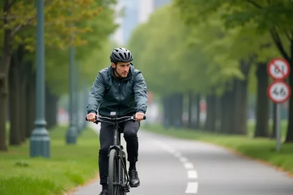Homme en vélo électrique dans un parc urbain verdoyant