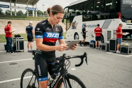 Cycliste professionnelle féminine consultant des documents financiers près d'un bus d'équipe après l'entraînement