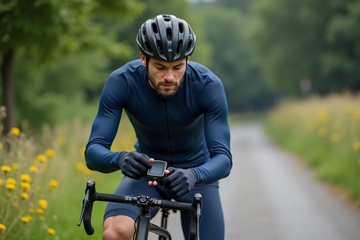 Cycliste homme en pleine nature ajustant son GPS sur le vélo