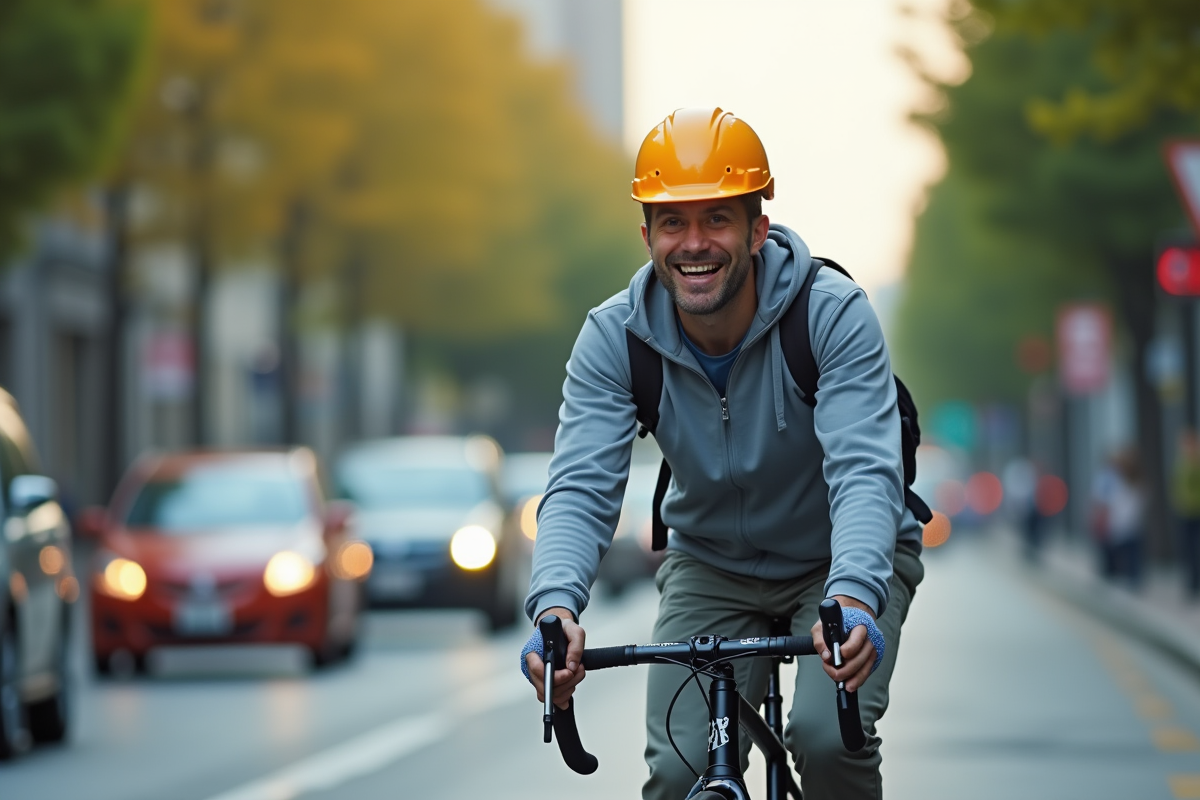 Cycliste adulte en ville portant un casque de sécurité
