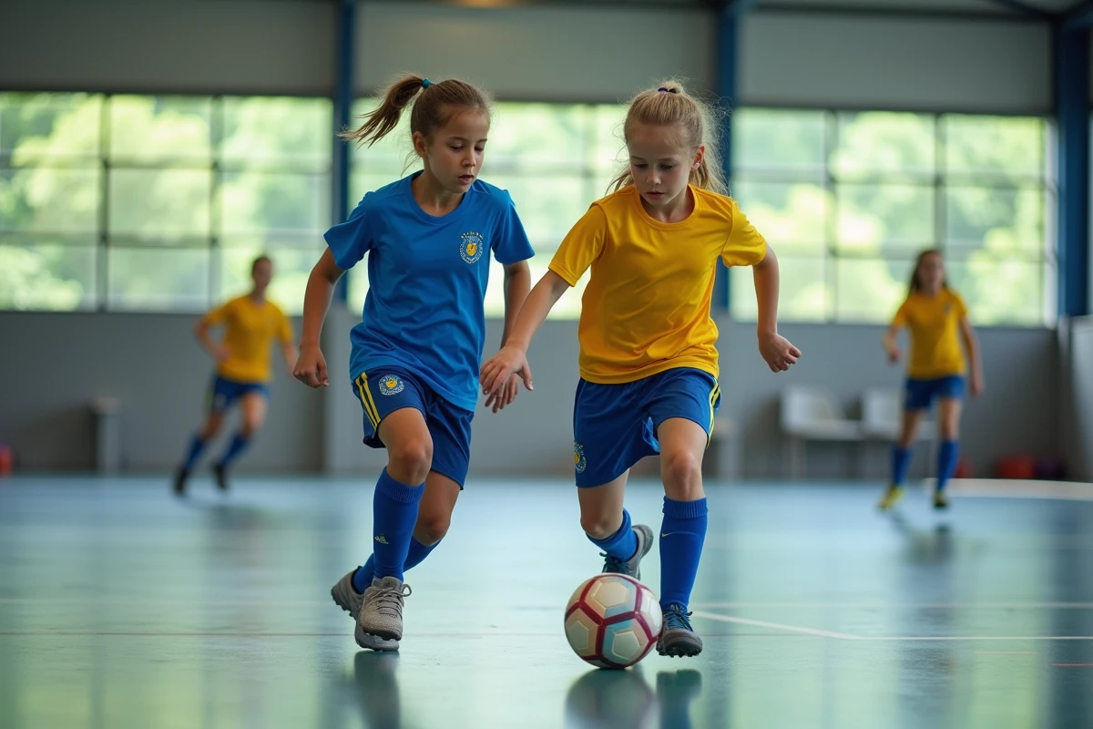 Deux adolescentes en duel pour le ballon en futsal