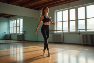 Jeune femme en ballet en studio lumineux