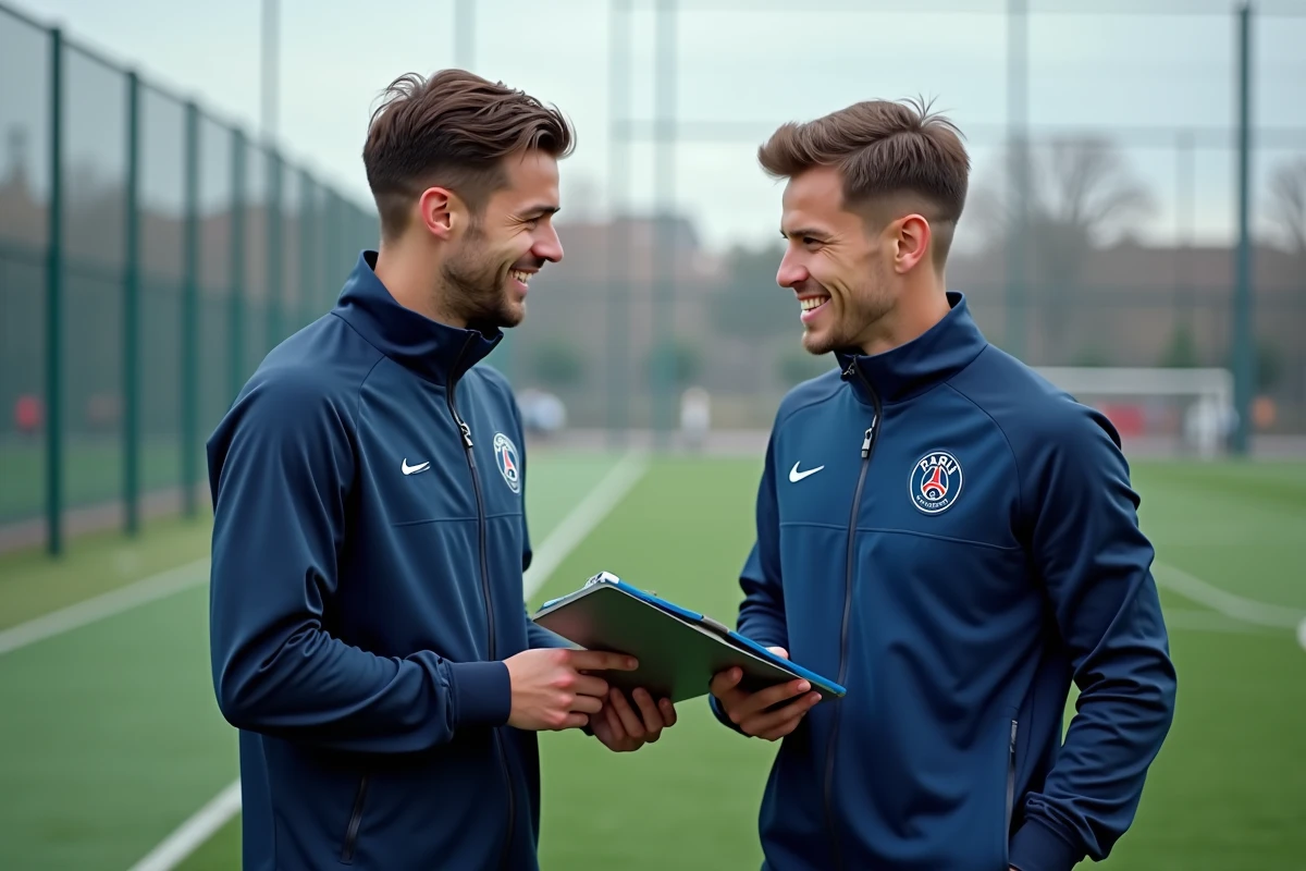 Deux footballeurs fran&ccedil;ais discutant sur le terrain d