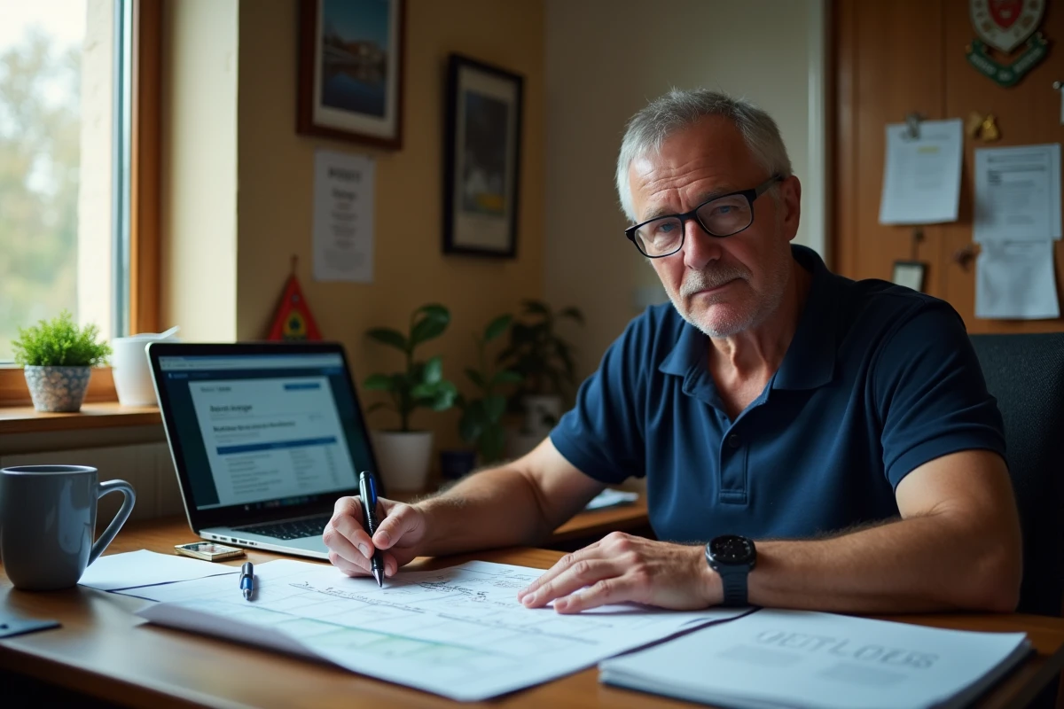 Dirigeant de club de rugby consultant le calendrier officiel de Fédérale 2 dans un bureau de club