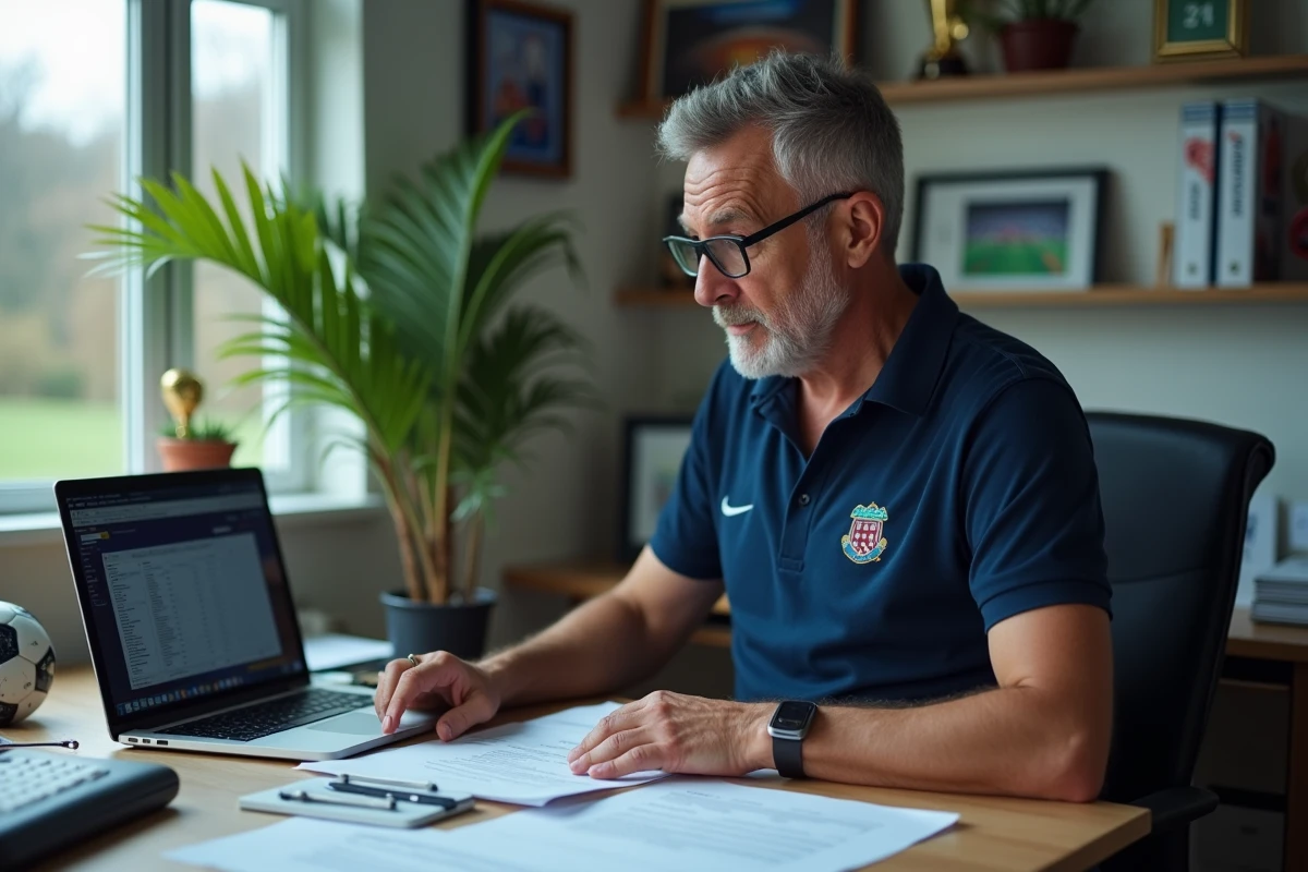 Dirigeant de club de football amateur étudiant les contrats et les salaires des joueurs de National 2 et National 3 dans son bureau