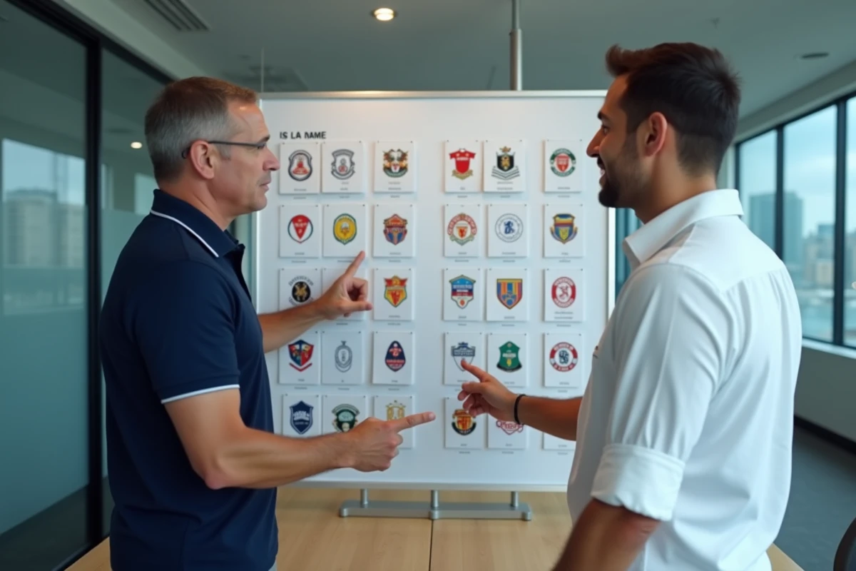 Deux hommes discutant des propositions de noms et logos de club de football devant un tableau de présentation
