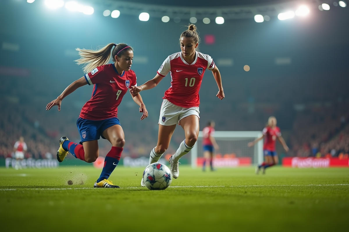 Deux joueuses féminines en duel intense lors d un match de football