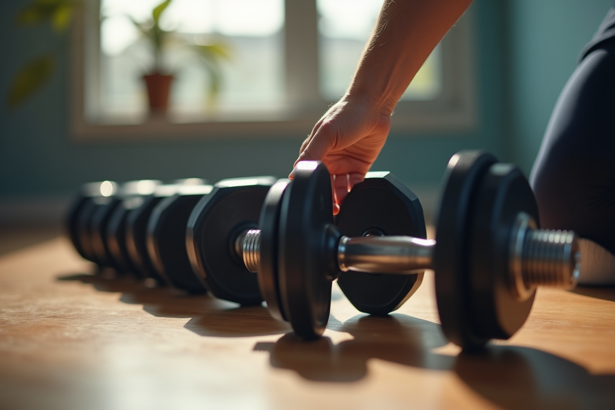 Main sélectionnant haltère sur sol en bois naturel