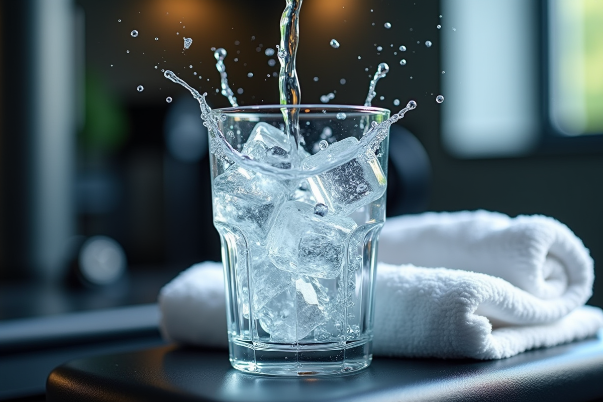Eau glacée éclaboussant sur des glaçons dans un verre