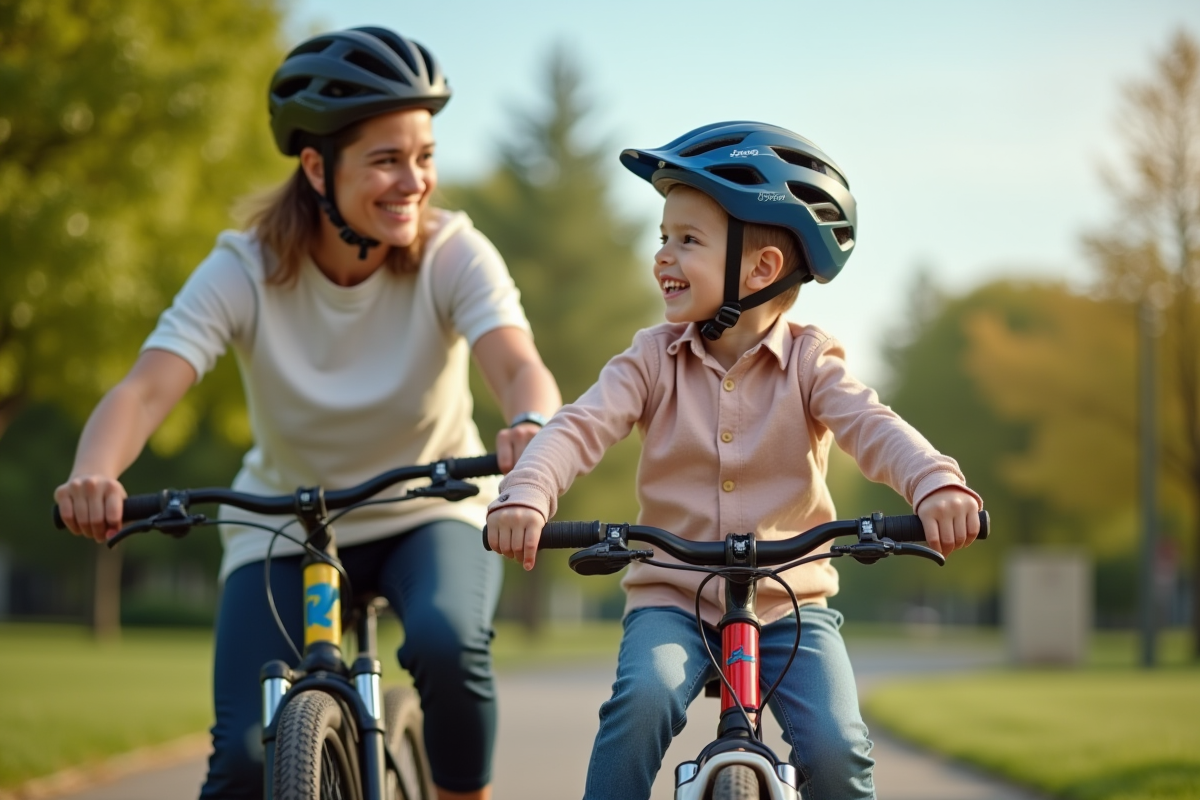 Enfant et parent ajustant leur casque dans un parc ensoleille