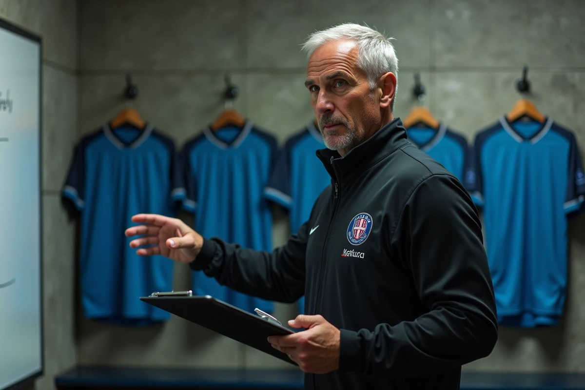 Entraîneur de football amateur présentant une tactique dans un vestiaire de club local à Aubagne