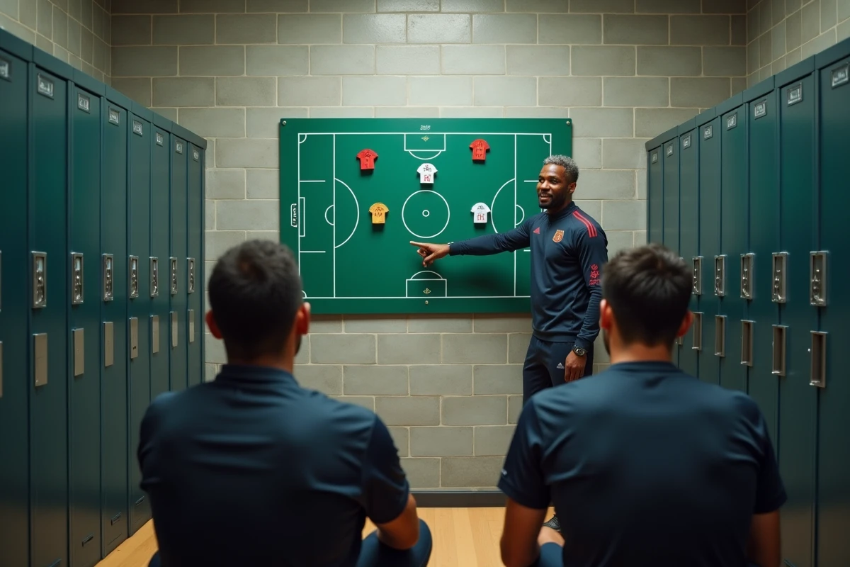 Entra&icirc;neur congolais pr&eacute;sentant un sch&eacute;ma tactique en 4-3-3 &agrave; ses joueurs dans le vestiaire avant un match des L&eacute;opards