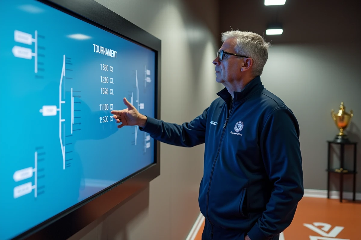Entraîneur de padel présentant un tableau de répartition des points P100 sur un écran de classement dans un couloir de club sportif