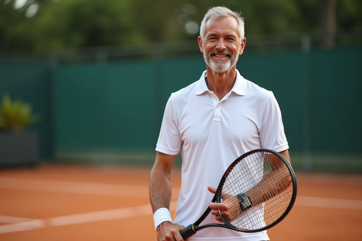 Entraîneur de tennis souriant avec raquette usée sur court extérieur