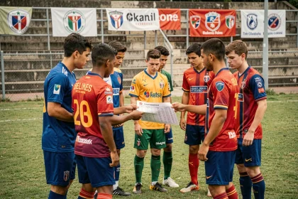 Équipe de football amateur des Pays de la Loire consultant le tirage de la Coupe de France 2026 sur le terrain