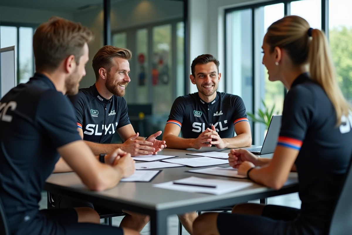 Cyclistes en réunion dans un bureau moderne pour un contrat