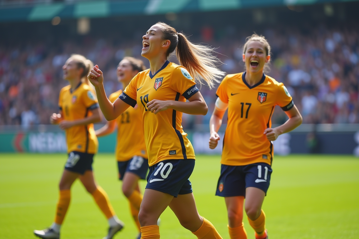 Jeune equipe féminine de football célébrant une victoire sur le terrain
