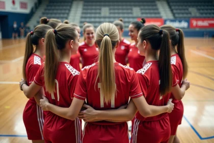 Jeunes femmes futsal en équipe souriantes avant match