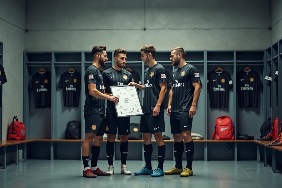 Groupe de joueurs de l'Inter Milan en réunion tactique dans le vestiaire pour préparer le Mondial des clubs 2026