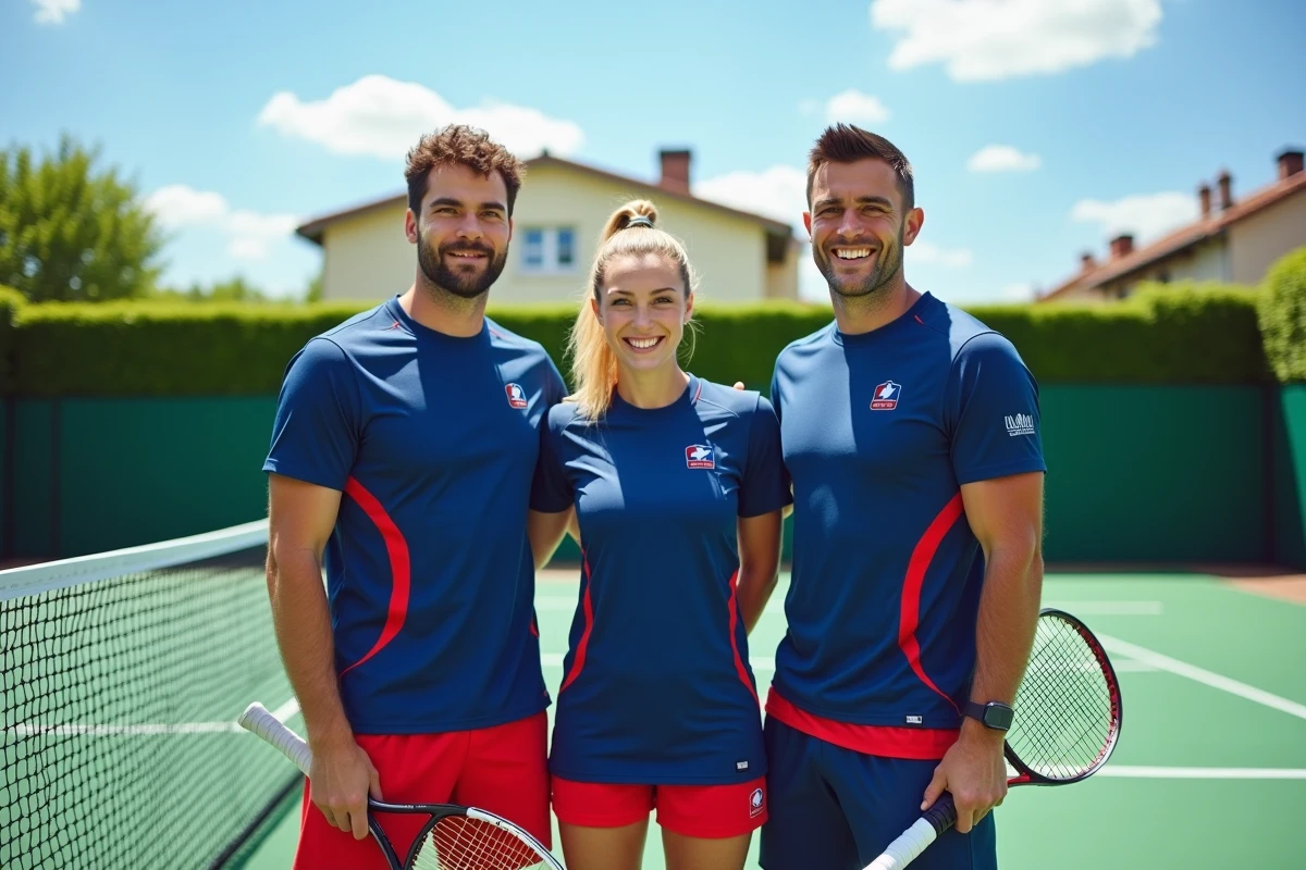 Équipe de joueurs de tennis français souriants sur un court d'entraînement avant le tournoi 2026