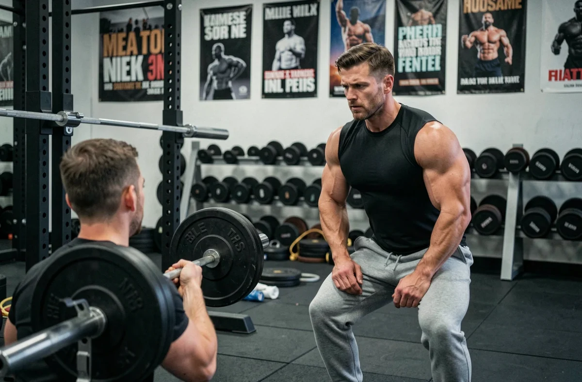Erik Nedelec, coach musculation à Caen, en train d'assister un client sur un exercice de squat en salle de sport