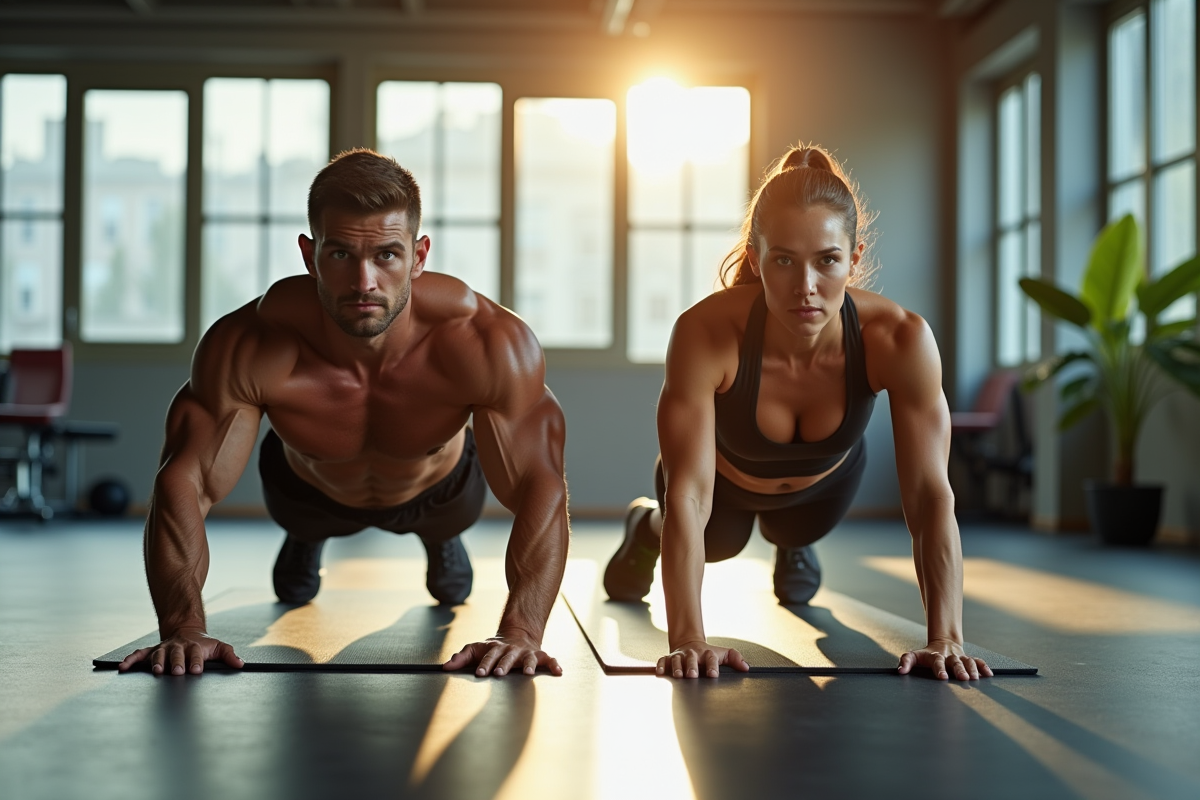 Homme et femme musclés faisant des planches dans une salle lumineuse