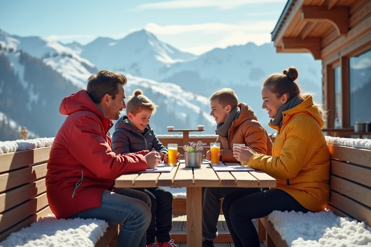 Famille souriante en après-ski sur une terrasse en montagne