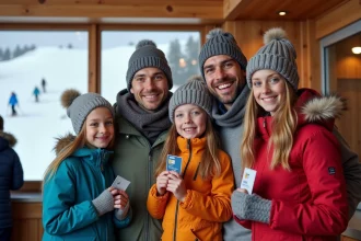Famille souriante au resort ski avec passes et neige
