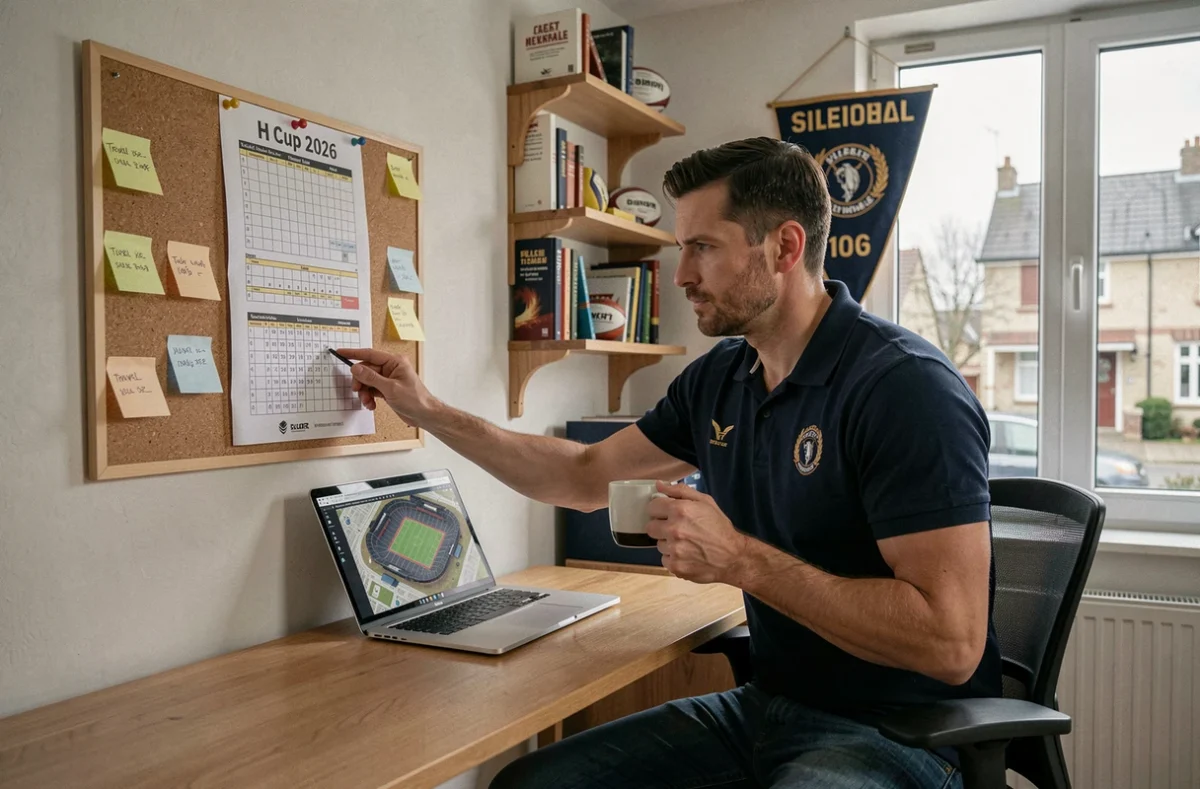 Fan de rugby chez lui planifiant ses déplacements supporters sur le calendrier H Cup 2026 affiché au mur